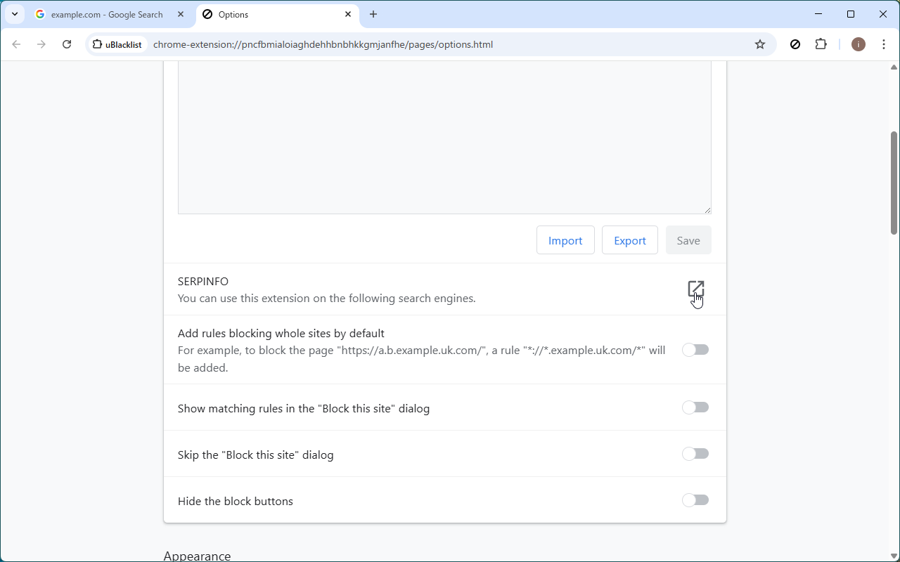 open SERPINFO options