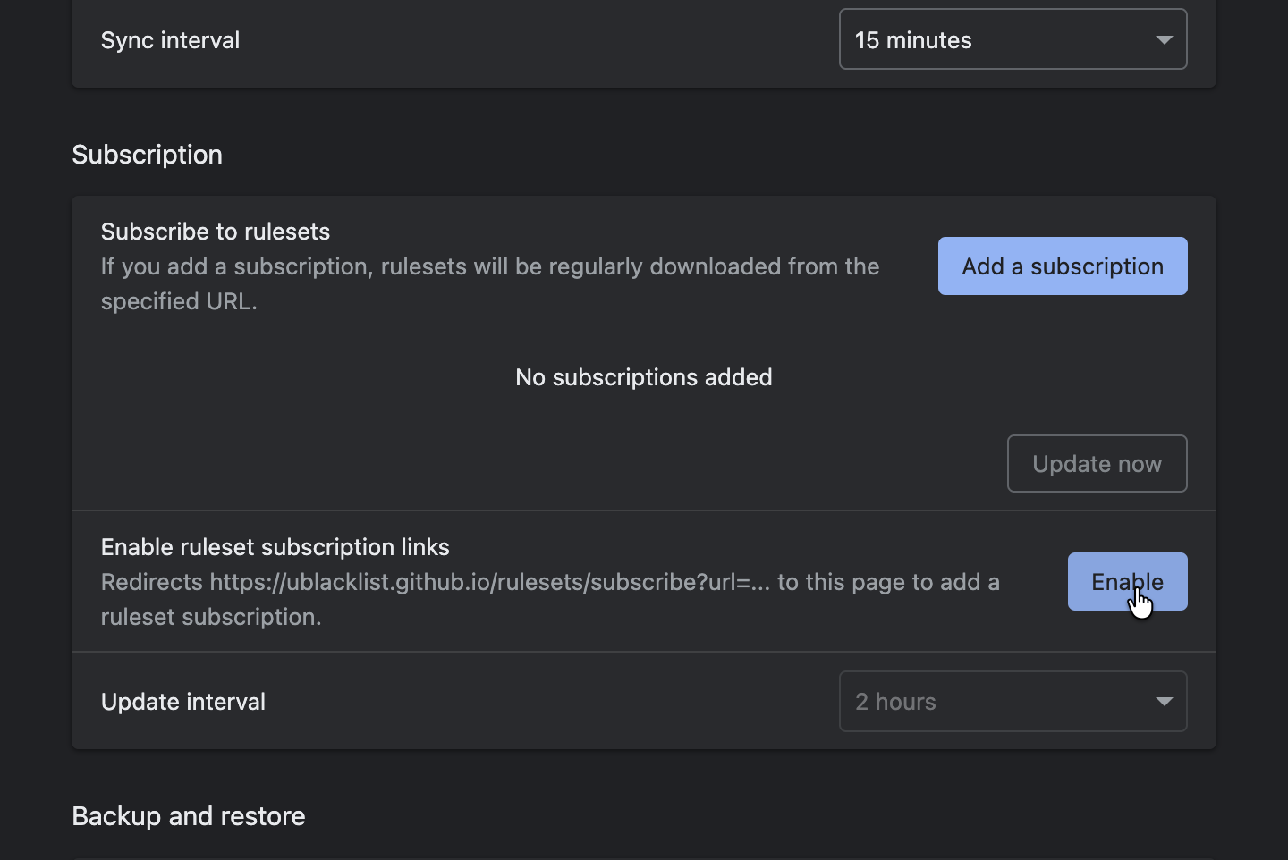 How to enable ruleset subscription links